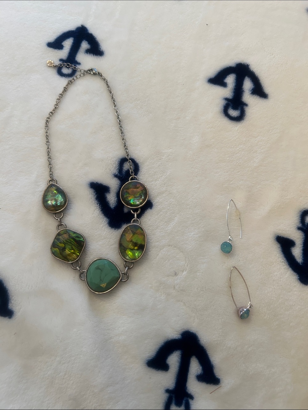 Green Statement Bib Necklace with Turquoise Accents - Unbranded